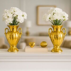 Vintage Pearl China Co #617 Art Deco 22kt Gold 7" Mid Century 50's Vase set of 2